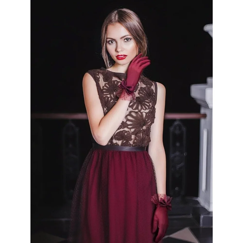 Women's Short Burgundy Bow Lace Gloves Party Elegant Opera Wedding Accessories